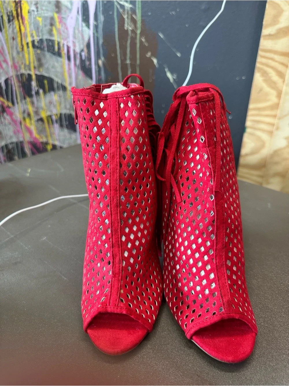 Just Fab Red Suede Perforated Lace-Up High Heels